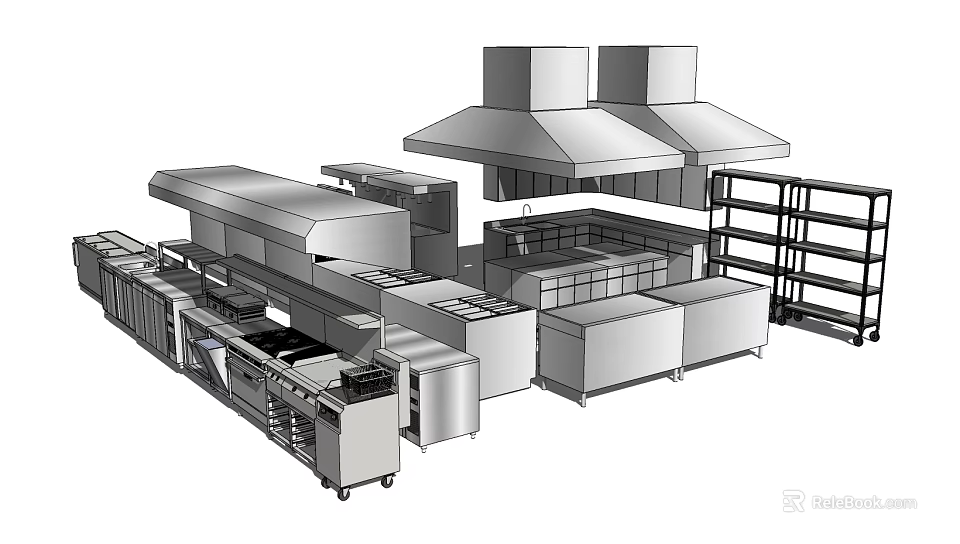 Commercial Kitchen Stainless Steel Cooking Appliances With Range Hoods And Worktables 3d model 