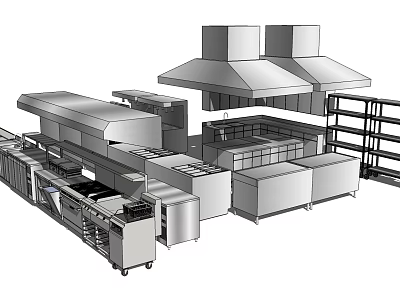 Commercial Kitchen Stainless Steel Cooking Appliances With Range Hoods And Worktables 3d model