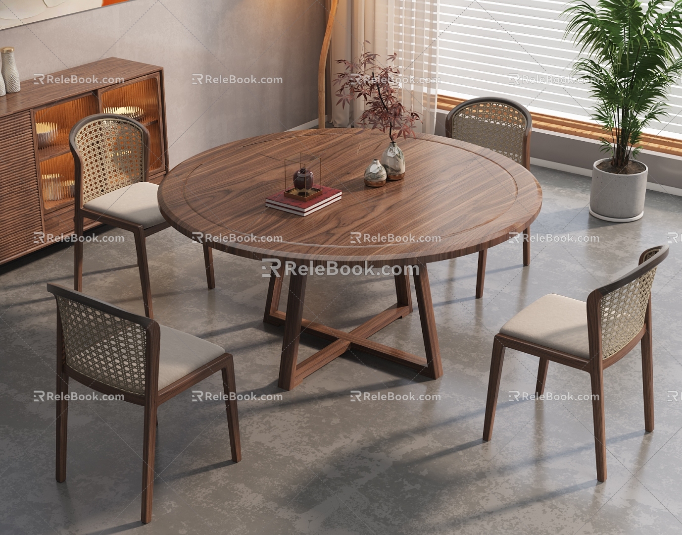 Solid Wood Dining Table and Chair Combination Dining Table Solid Wood Dining Chair Solid Wood Dining Cabinet Vase Decorative Painting Floor Lamp 3d model