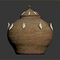 Handwoven Brown Decorative Storage Pot With White Fish Shaped Decorations On Lid And Body
