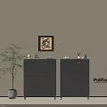 Modern Gray Entryway Cabinet And Side Cabinet With Potted Plant Framed Artwork And Decorative Items