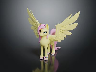 Yellow Pony Cartoon Character with Large Wings Pink Mane Tail Green Eyes And Colorful Hooves 3d model