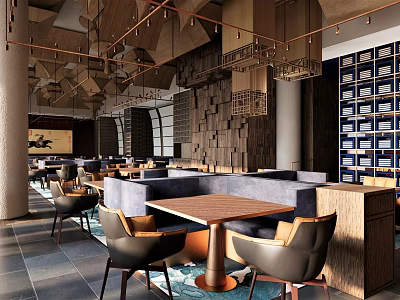 Modern Restaurant Interior With Comfortable Booth Seating Wooden Dining Tables And Stylish Pendant Lights 3d model