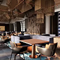 Modern Restaurant Interior With Comfortable Booth Seating Wooden Dining Tables And Stylish Pendant Lights