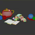 Household Items Collection Featuring White Teapot Cups Tea Bags And Eggs On Plate