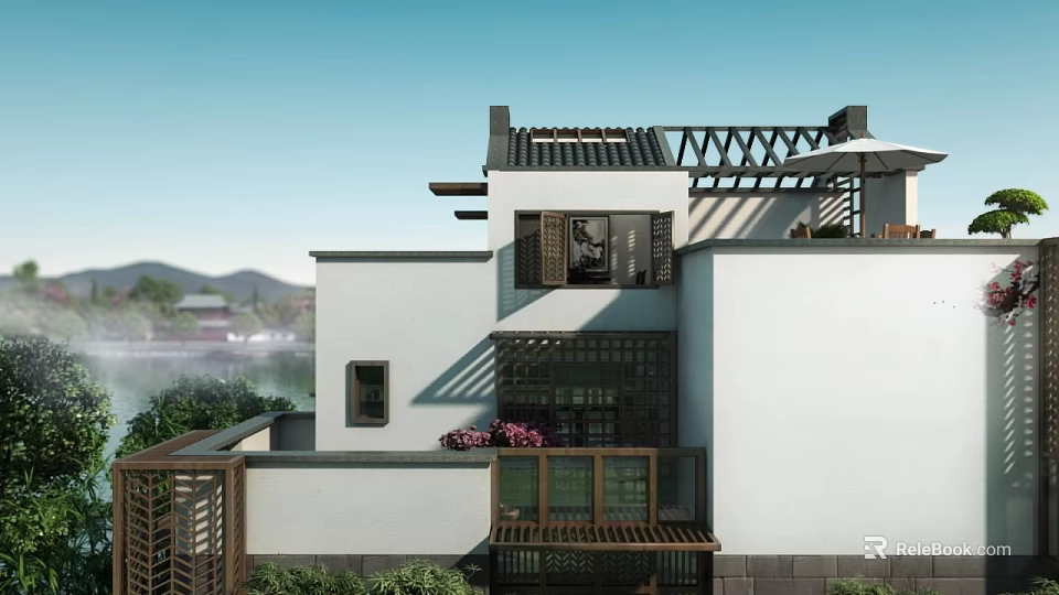 Traditional Chinese Detached Villa With Tile Roof Wooden Lattice Balcony And Lake View 3d model 