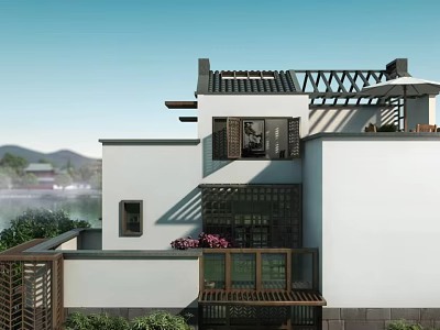 Traditional Chinese Detached Villa With Tile Roof Wooden Lattice Balcony And Lake View 3d model