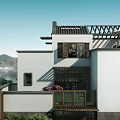 Traditional Chinese Detached Villa With Tile Roof Wooden Lattice Balcony And Lake View