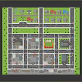 Cartoon City Scene With Colorful Buildings Streets And Green Areas Layout