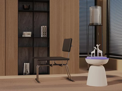 Modern Living Room With Black Leisure Chair White Side Table Deer Figurines Wooden Wall 3d model