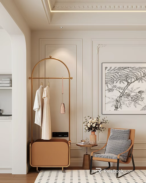 Elegant Modern Living Room Interior With Golden Hanger Framed Art Vase And Accent Chair 3d model 