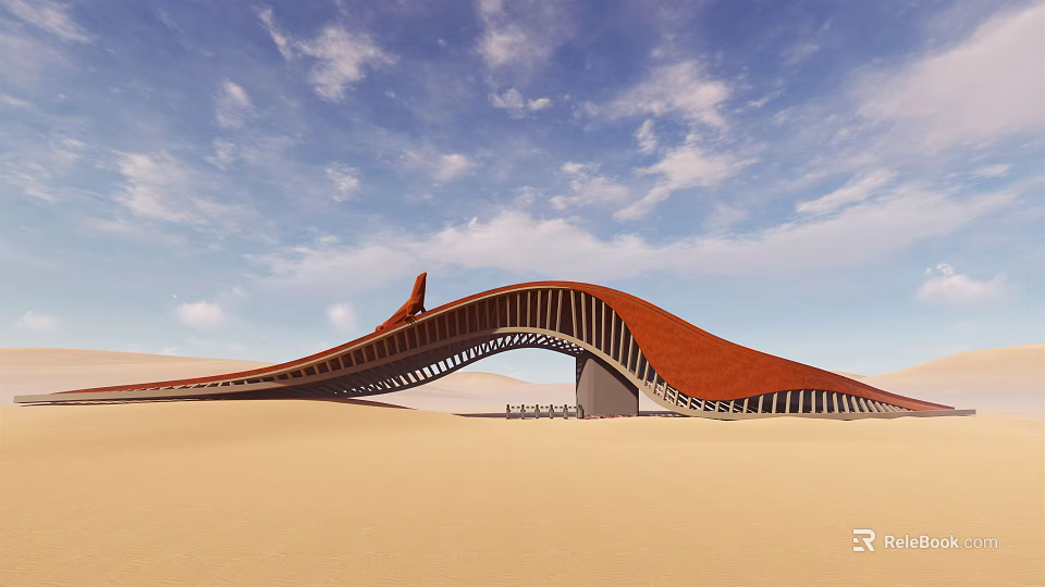 Modern Desert Entrance Gate With Red Curved Structure And Blue Sky 3d model 