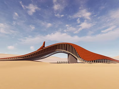 Modern Desert Entrance Gate With Red Curved Structure And Blue Sky 3d model