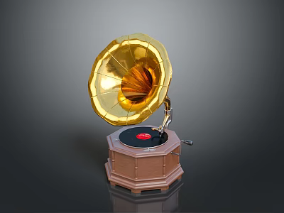 Vintage Gramophone With Golden Horn Wooden Base And Black Vinyl Record 3d model