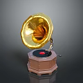Vintage Gramophone With Golden Horn Wooden Base And Black Vinyl Record
