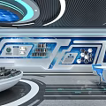 Hi tech Exhibition Hall Featuring Blue Background Circular Platform Display Models And Information Panels