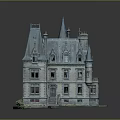 Vintage Gothic Building Model With Spire Towers Slate Roof Arched Windows And Stone Steps