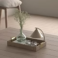 Elegant Decorative Ornament Set With Metal Tray Glass Vase Plants Clear Cubes On Wooden Table