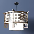 Traditional Chinese Style Wooden Chandelier With Intricate Cutout Patterns And White Lampshade