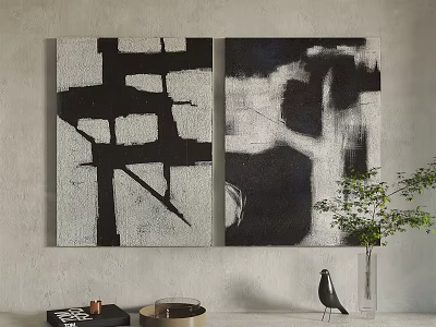 Black White Abstract Two Panel Paintings For Modern Living Room Wall Decor With Green Plant 3d model