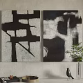 Black White Abstract Two Panel Paintings For Modern Living Room Wall Decor With Green Plant