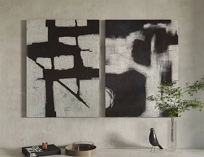 Black White Abstract Two Panel Paintings For Modern Living Room Wall Decor With Green Plant 3d model
