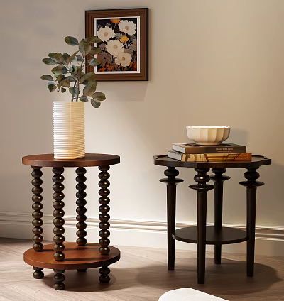 Wooden Side Tables With Spiral Turned Legs Vase Plant Books And Bowl In Living Room 3d model