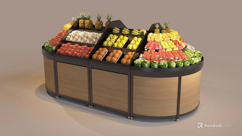 Assorted Fresh Fruits and Vegetables on Curved Display Shelves with Wooden Black Structure 3d model 
