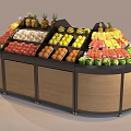Assorted Fresh Fruits and Vegetables on Curved Display Shelves with Wooden Black Structure