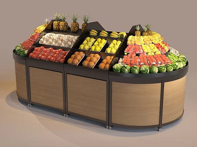 Assorted Fresh Fruits and Vegetables on Curved Display Shelves with Wooden Black Structure 3d model