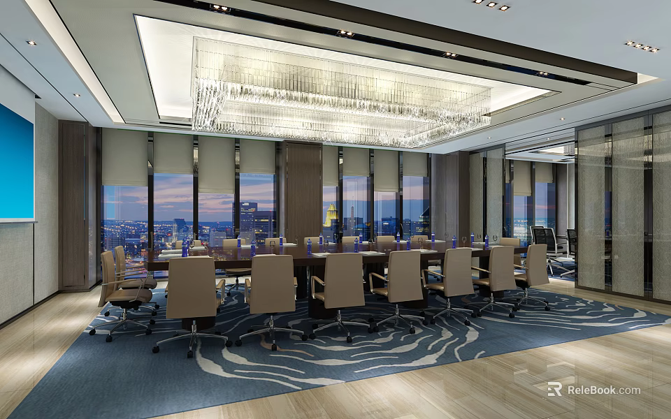 Elegant Conference Room Featuring Large Windows City View Long Table And Chandelier 3d model 