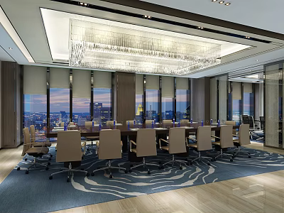 Elegant Conference Room Featuring Large Windows City View Long Table And Chandelier 3d model