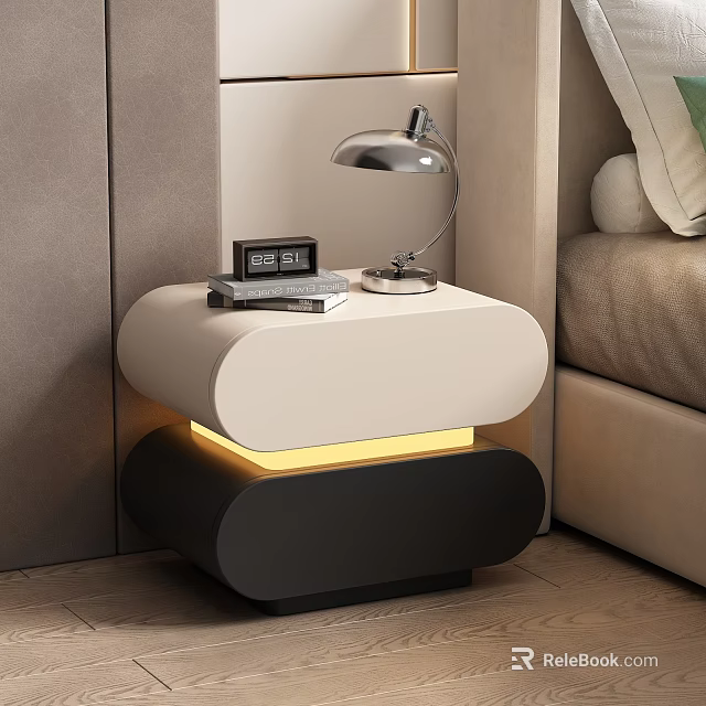 Modern Nightstand Design With White Black Base Lighting Table Lamp Alarm Clock And Books 3d model 