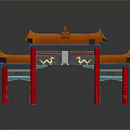 Scenic Red Chinese Style Archway With Three Archways Orange Eaves And Reflections