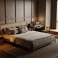 Natural Bedroom Interior Design With Wooden Wall Panels Bed Nightstand Table Lamp And Rug