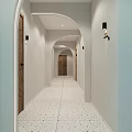 Elevator Hallway With Stainless Steel Door Wooden Panel Walls And Tiled Floor Design