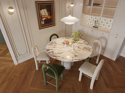 Elegant Round Marble Top Dining Table Set With Green White Chairs Pendant Lamp And Cabinets 3d model