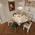 Elegant Round Marble Top Dining Table Set With Green White Chairs Pendant Lamp And Cabinets