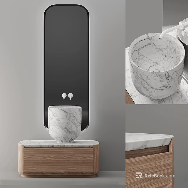 Elegant Modern Round Marble Washbasin On Wooden Bathroom Cabinet With Mirror 3d model 