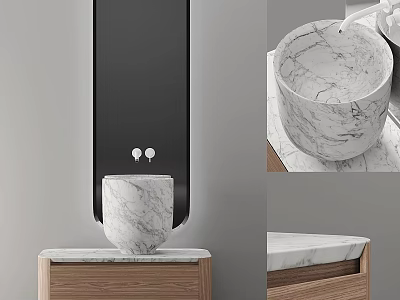Elegant Modern Round Marble Washbasin On Wooden Bathroom Cabinet With Mirror 3d model