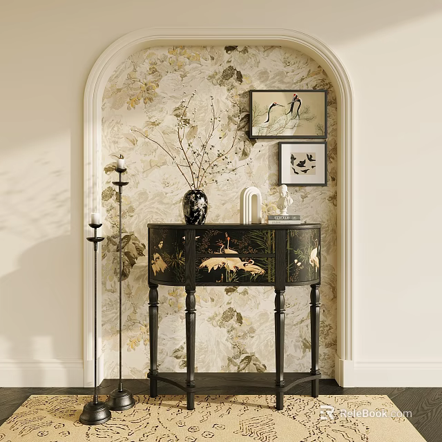 Stylish Entryway Console Cabinet with Black Finish Floral Wallpaper and Decorative Wall Art 3d model 