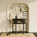 Stylish Entryway Console Cabinet with Black Finish Floral Wallpaper and Decorative Wall Art