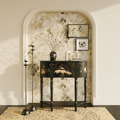 Stylish Entryway Console Cabinet with Black Finish Floral Wallpaper and Decorative Wall Art 3d model