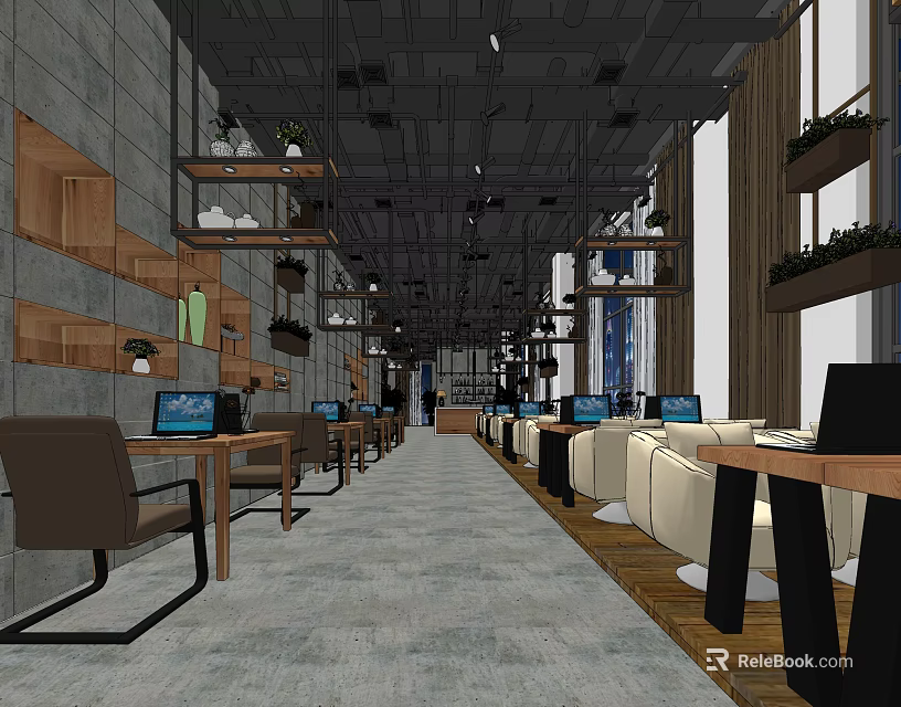 Modern Internet Cafe Interior With Computers Tables Comfortable Seats Wall Shelves And Plants 3d model 