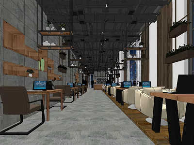 Modern Internet Cafe Interior With Computers Tables Comfortable Seats Wall Shelves And Plants 3d model