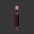 Elegant Candle Holder With Red Wooden Column And Metal Accents Holding Lit Candle