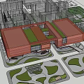 Red Grid Facade Modern Commercial Complex With Multi Storey Structure And Landscaped Areas 3d model