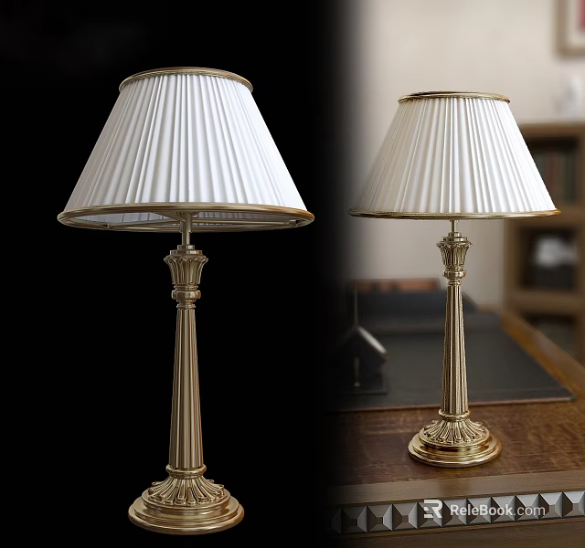 Pair of Elegant Table Lamps With Golden Pillar And White Pleated Lampshade On Desk 3d model 