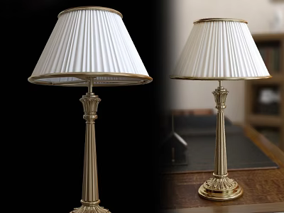 Pair of Elegant Table Lamps With Golden Pillar And White Pleated Lampshade On Desk 3d model