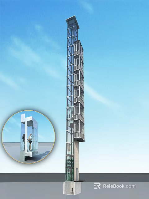Modern Glass Elevator In High Rise Building With Transparent Cabin And Sky View 3d model 